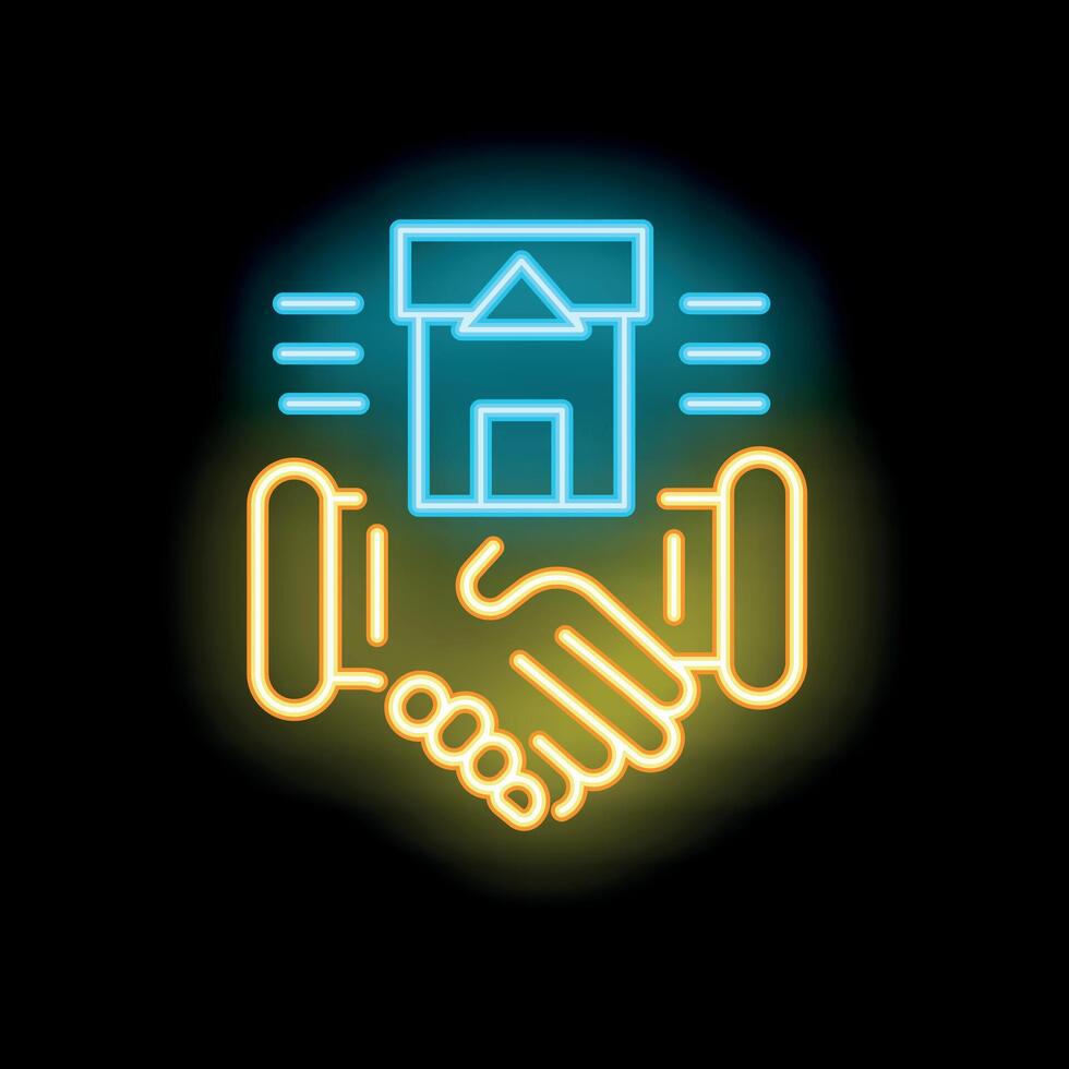 Real estate agent closing a deal with handshake neon sign icon vector