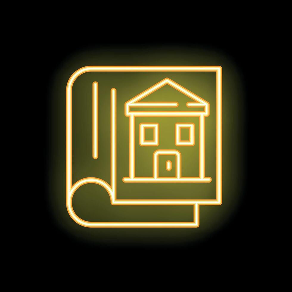 Neon icon of open book with house drawing representing architecture vector