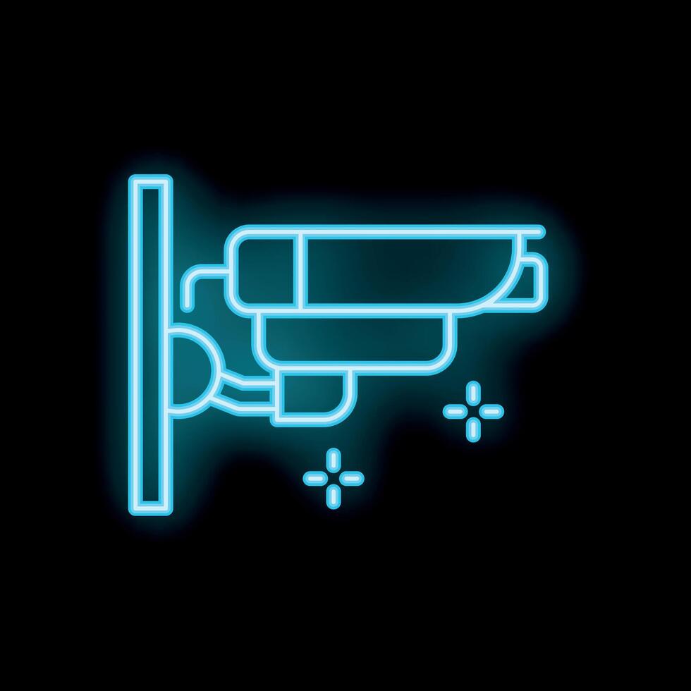 Neon cctv camera icon glowing on dark background vector