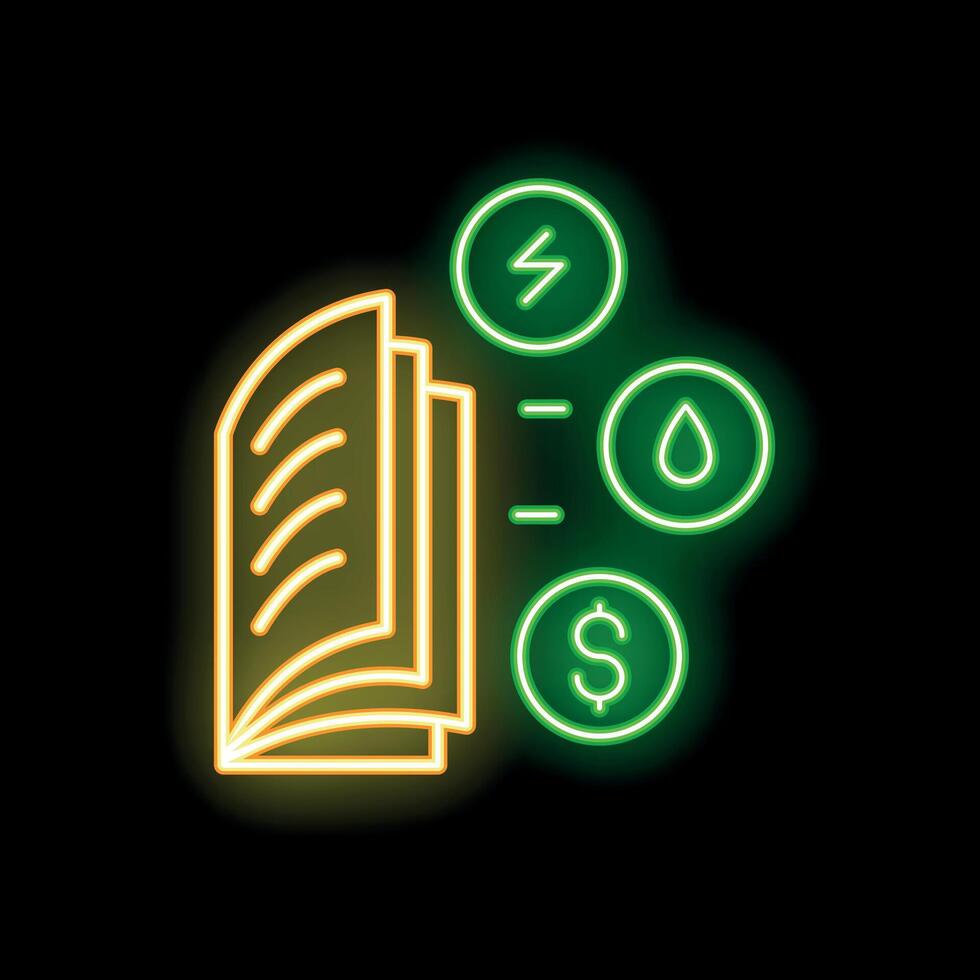 Neon icon of utility bills for electricity, water and heating costs vector