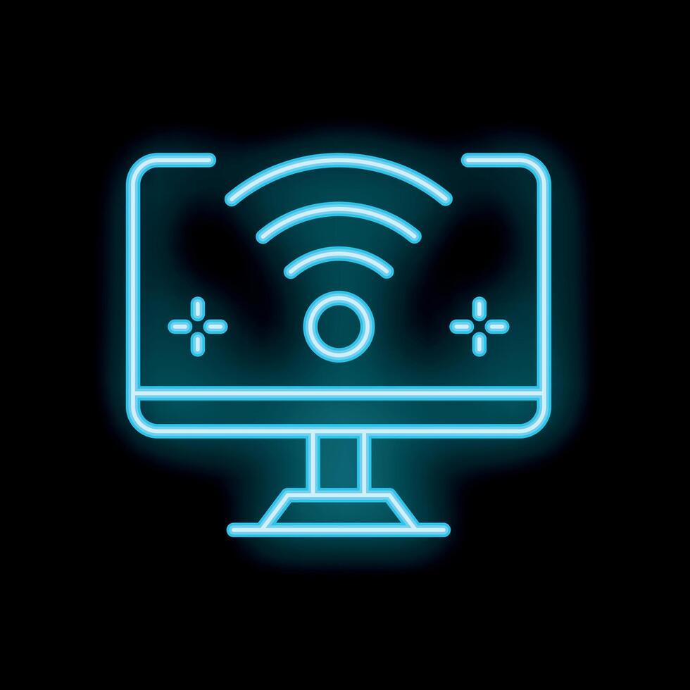 Neon computer displaying wifi signal icon on screen vector