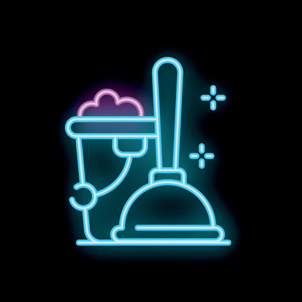 Neon sign of plunger and bucket for plumbing service vector