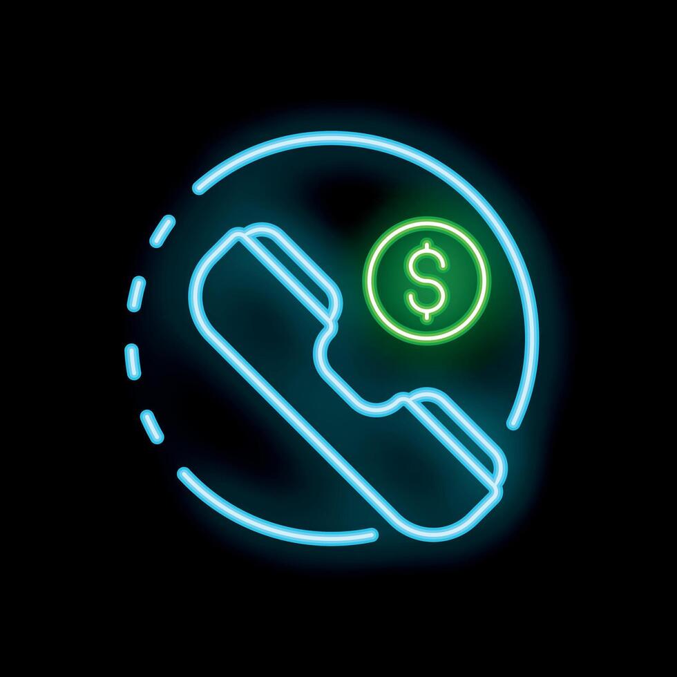 Neon sign depicting phone calling with dollar sign indicating paid calls vector