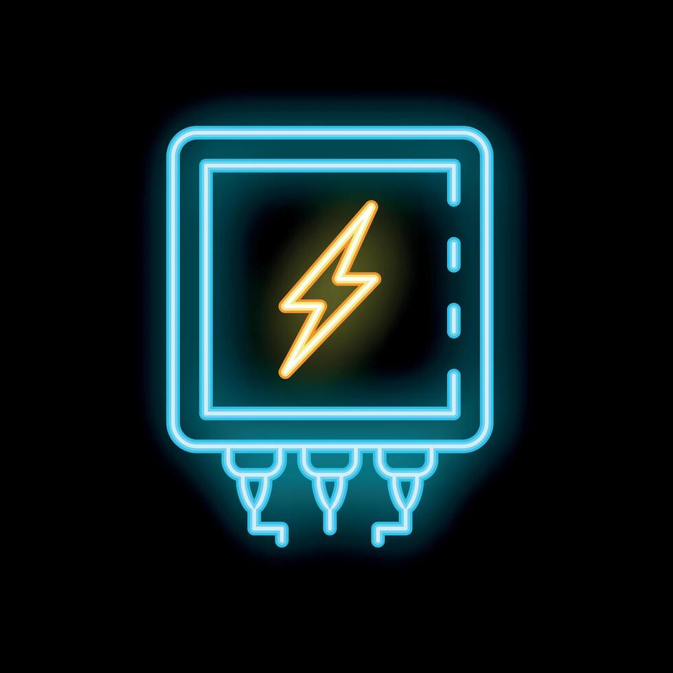 Neon sign of electric distribution box with wires glowing on black background vector