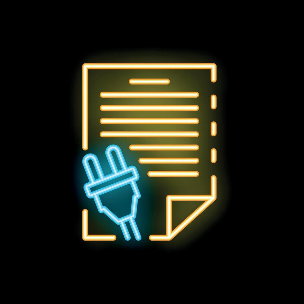 Neon icon of electric plug connecting with a document representing electronic signature vector