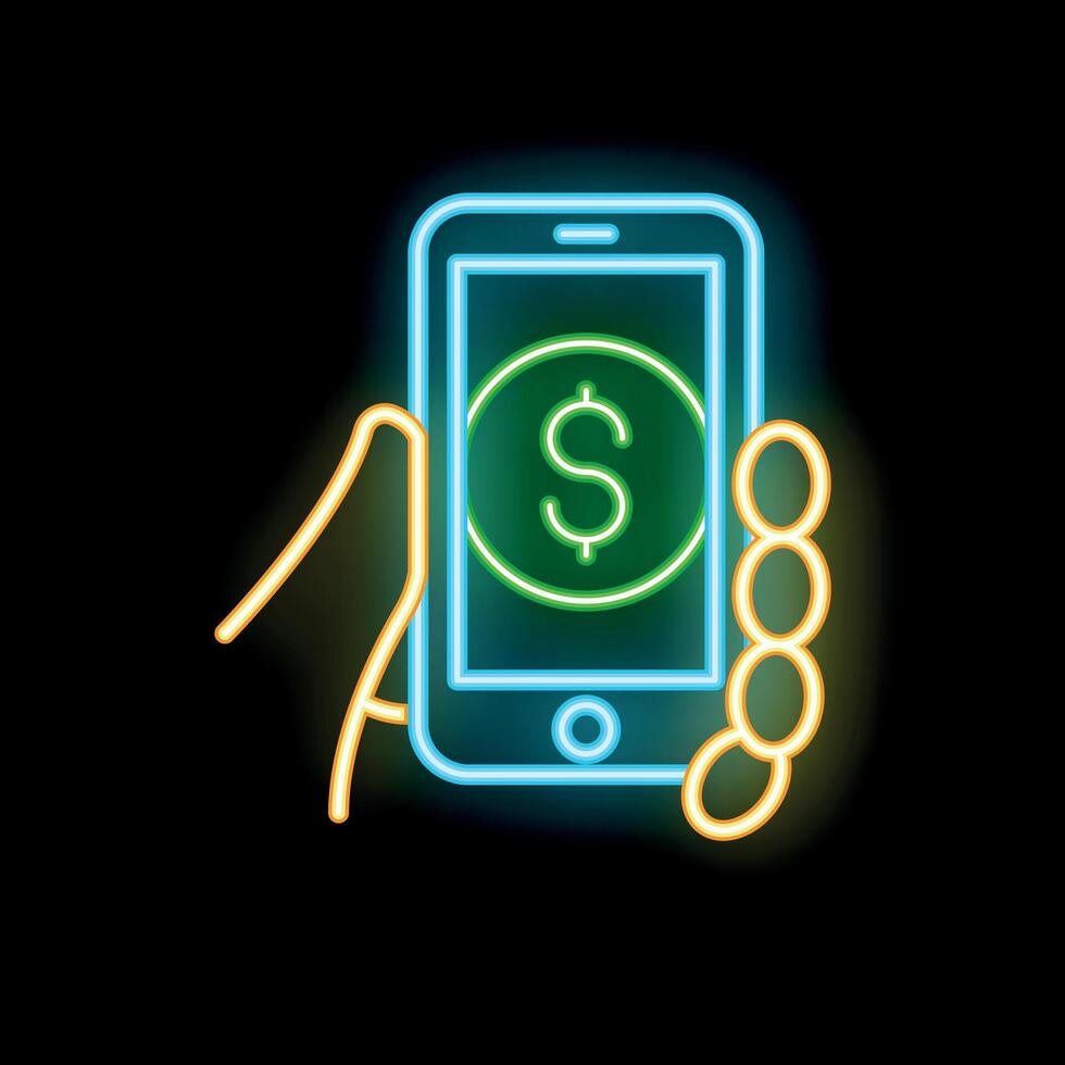 Hands holding mobile phone with dollar sign on screen neon sign vector