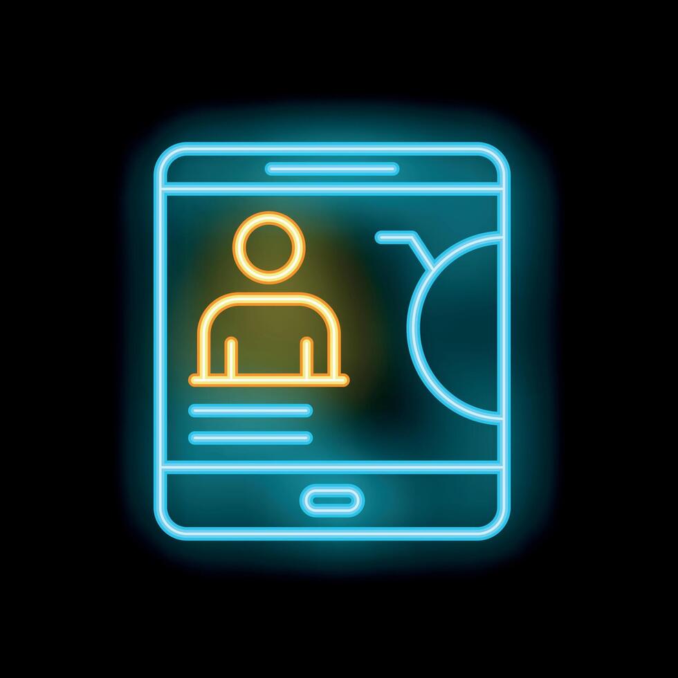 Neon icon of mobile banking app displaying user profile and financial data vector