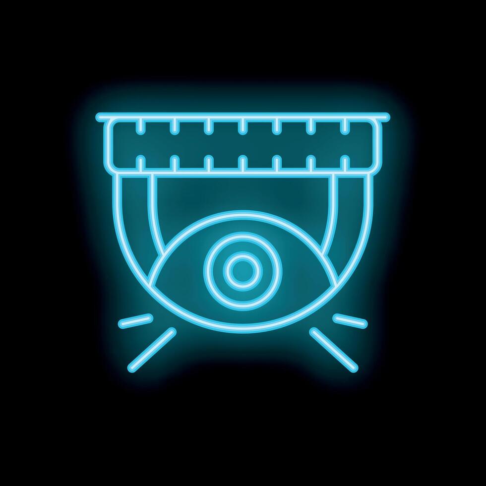 Neon icon of security camera emitting light in dark background vector