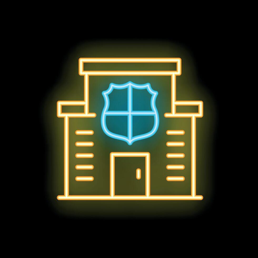 Neon police station building with shield icon on black background vector