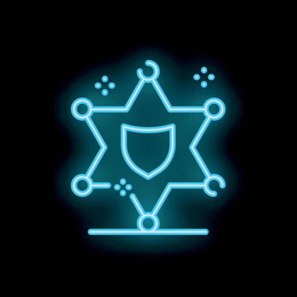 Neon sheriff badge symbolising law enforcement and security vector