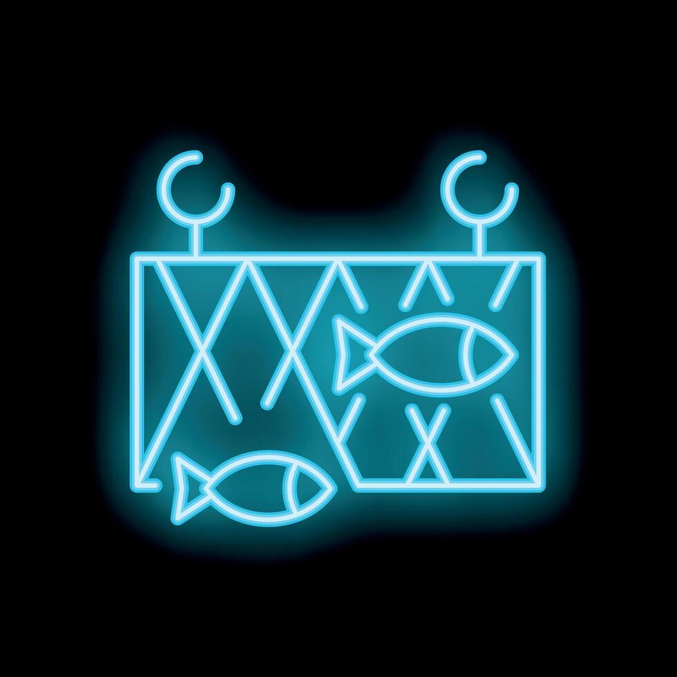 Glowing neon line fishing net with fish icon isolated on black background. illustration vector