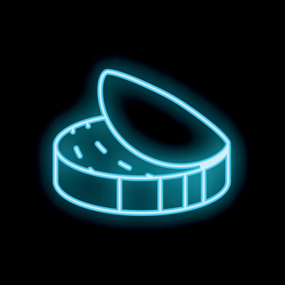 Neon sign of opened round box with cream inside on black background vector