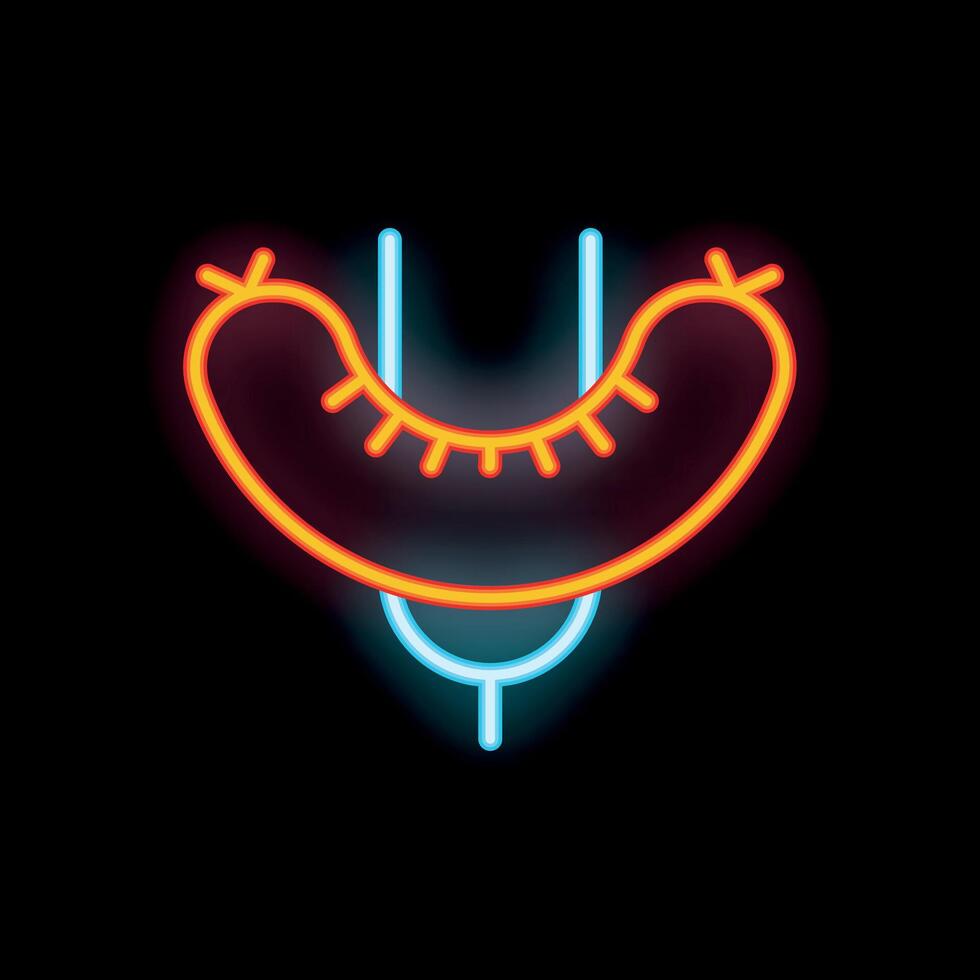 Neon sign representing sausage on a fork on black background vector