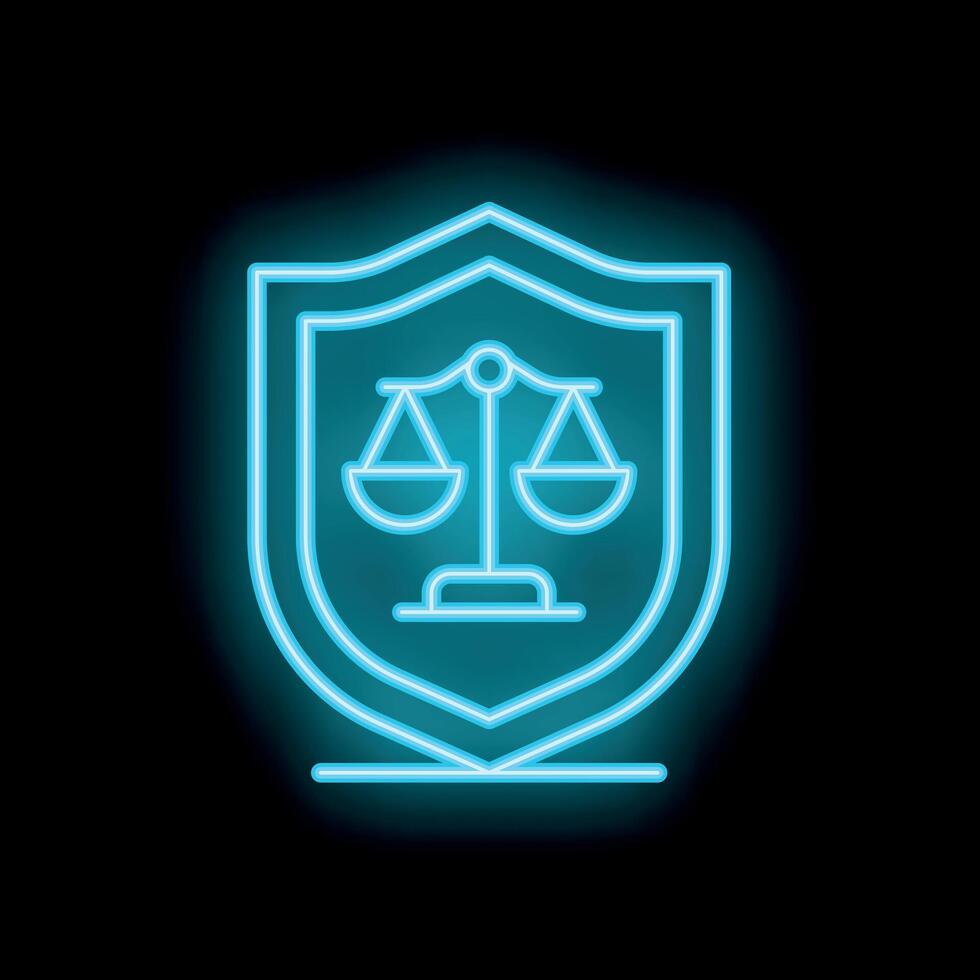 Neon blue shield protecting balance scale icon on black background vector
