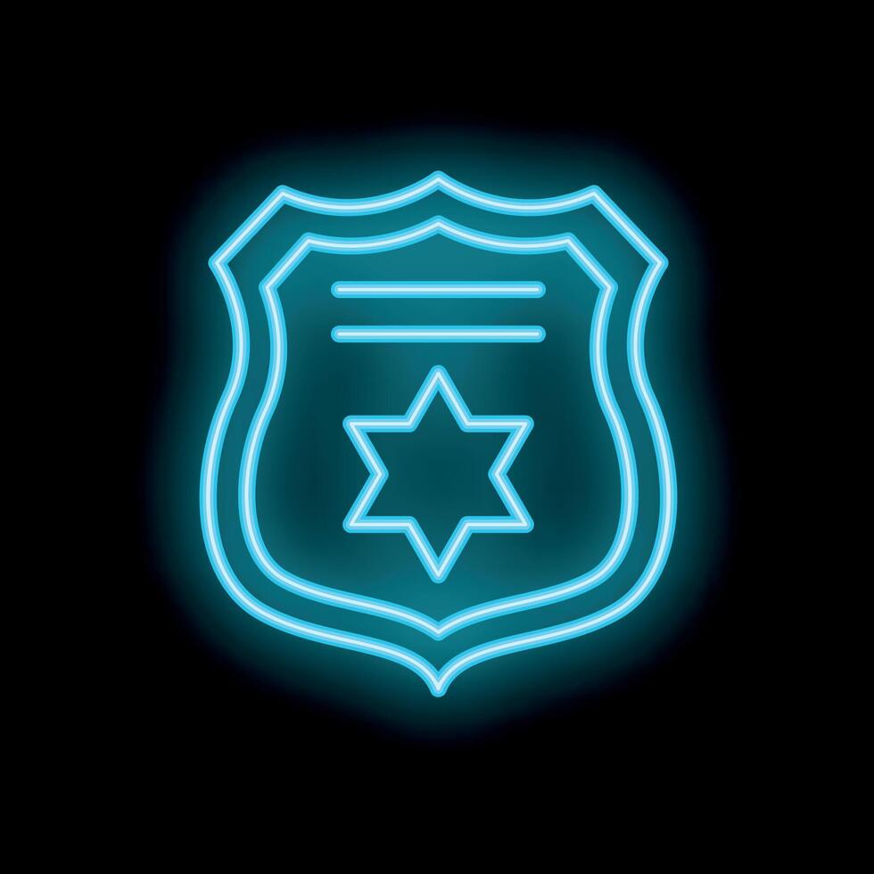 Blue neon sheriff badge shining in the dark background vector