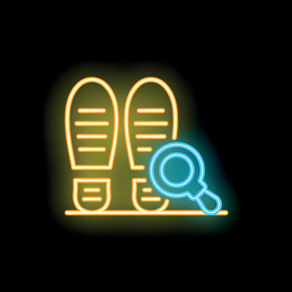 Neon icon of shoe prints being investigated with magnifying glass vector