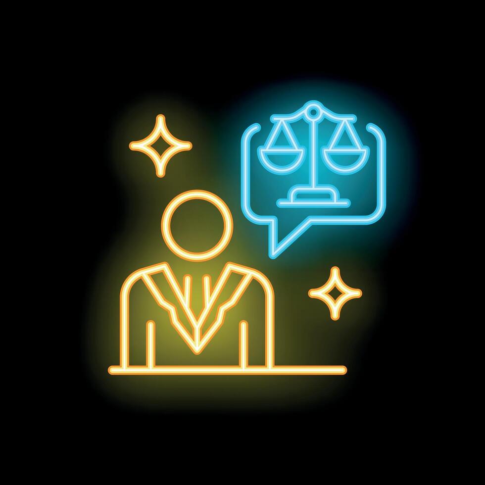 Neon icon of lawyer character thinking about law and justice vector