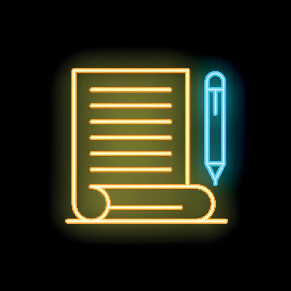 Neon sign of paper and pen representing writing and creativity vector