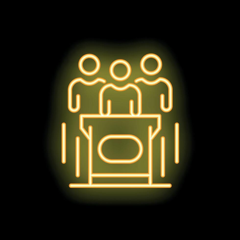 Three business people standing behind podium with microphone neon sign on black background vector