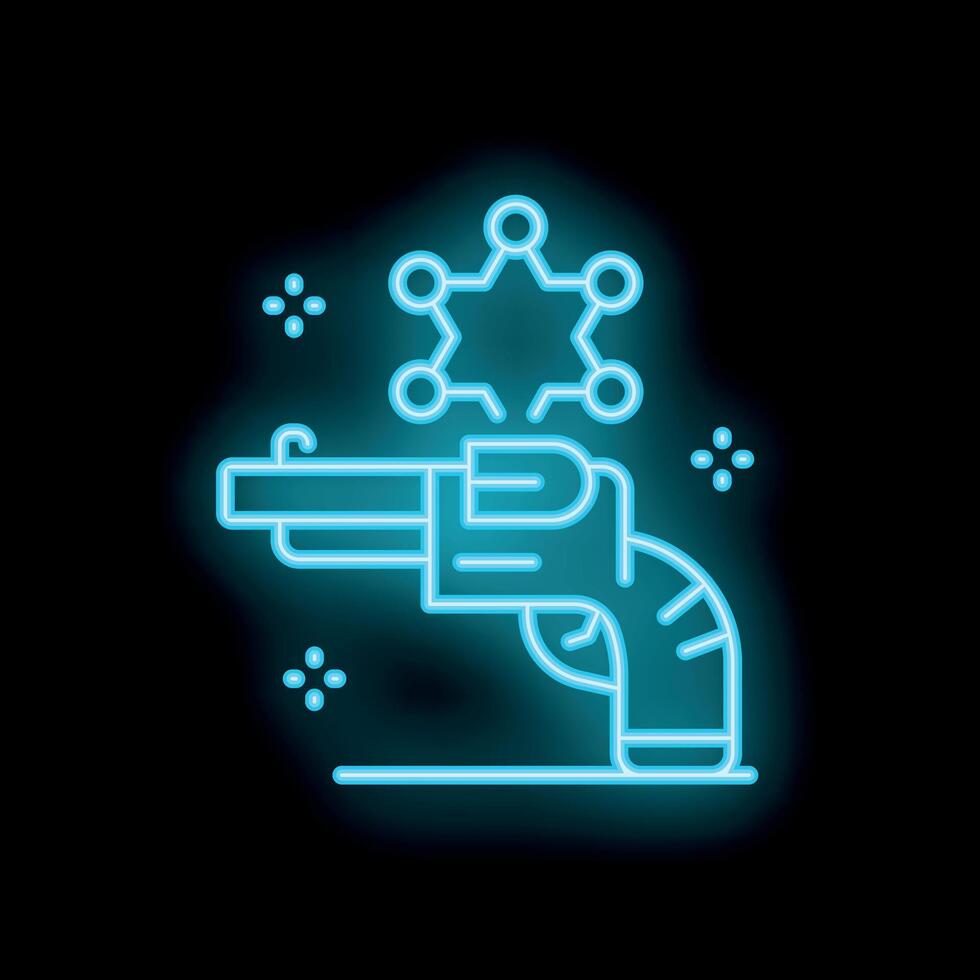 Blue neon sign of revolver gun with sheriff star badge glowing on black background vector