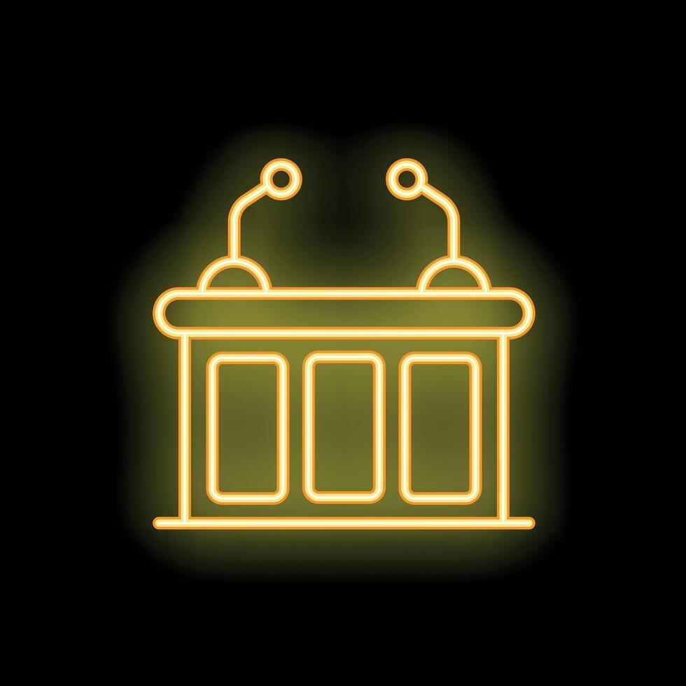 Yellow neon sign representing tribune with microphones for conference or public speech on black background vector