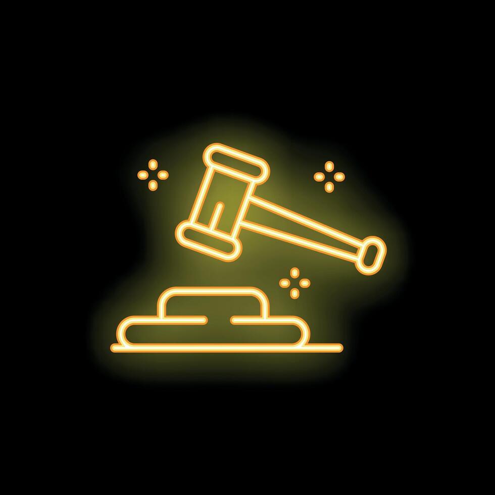 Yellow neon sign of gavel striking sound block for auction vector