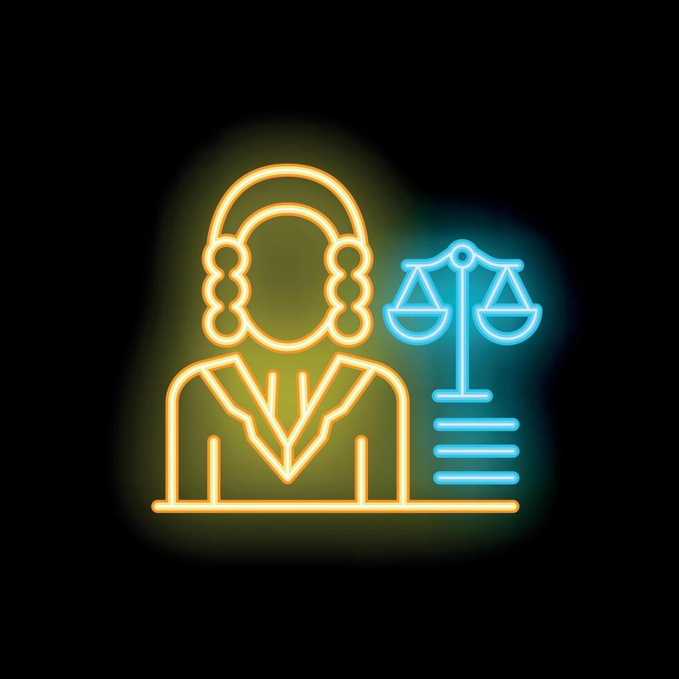 Neon icon of judge character wearing traditional wig holding scales symbolising justice and law vector