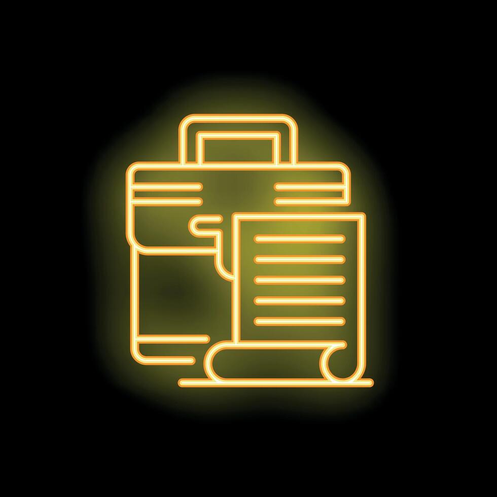 Neon icon of a printer printing documents with yellow glowing lines on a black background vector