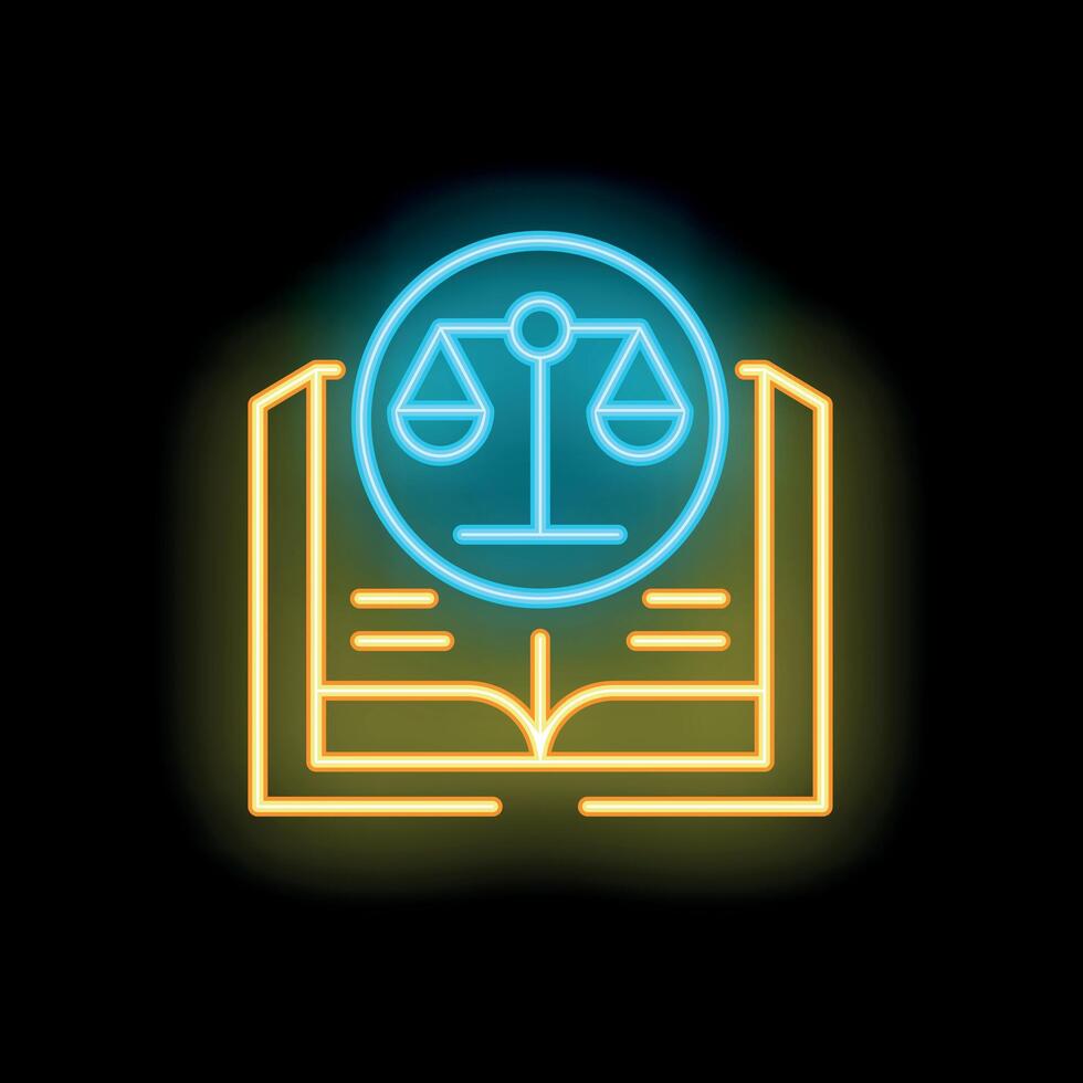 Neon icon of open law book with scales of justice symbol vector