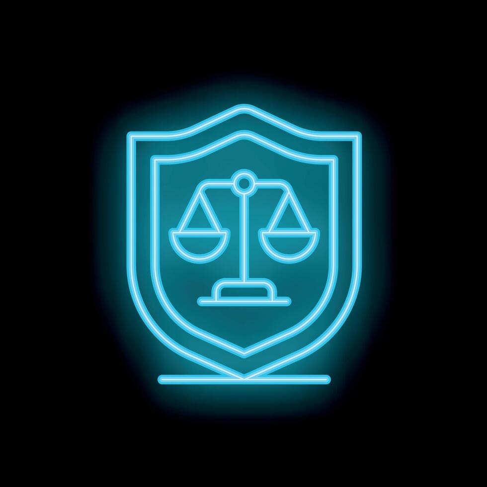 Neon blue shield protecting scales of justice icon vector