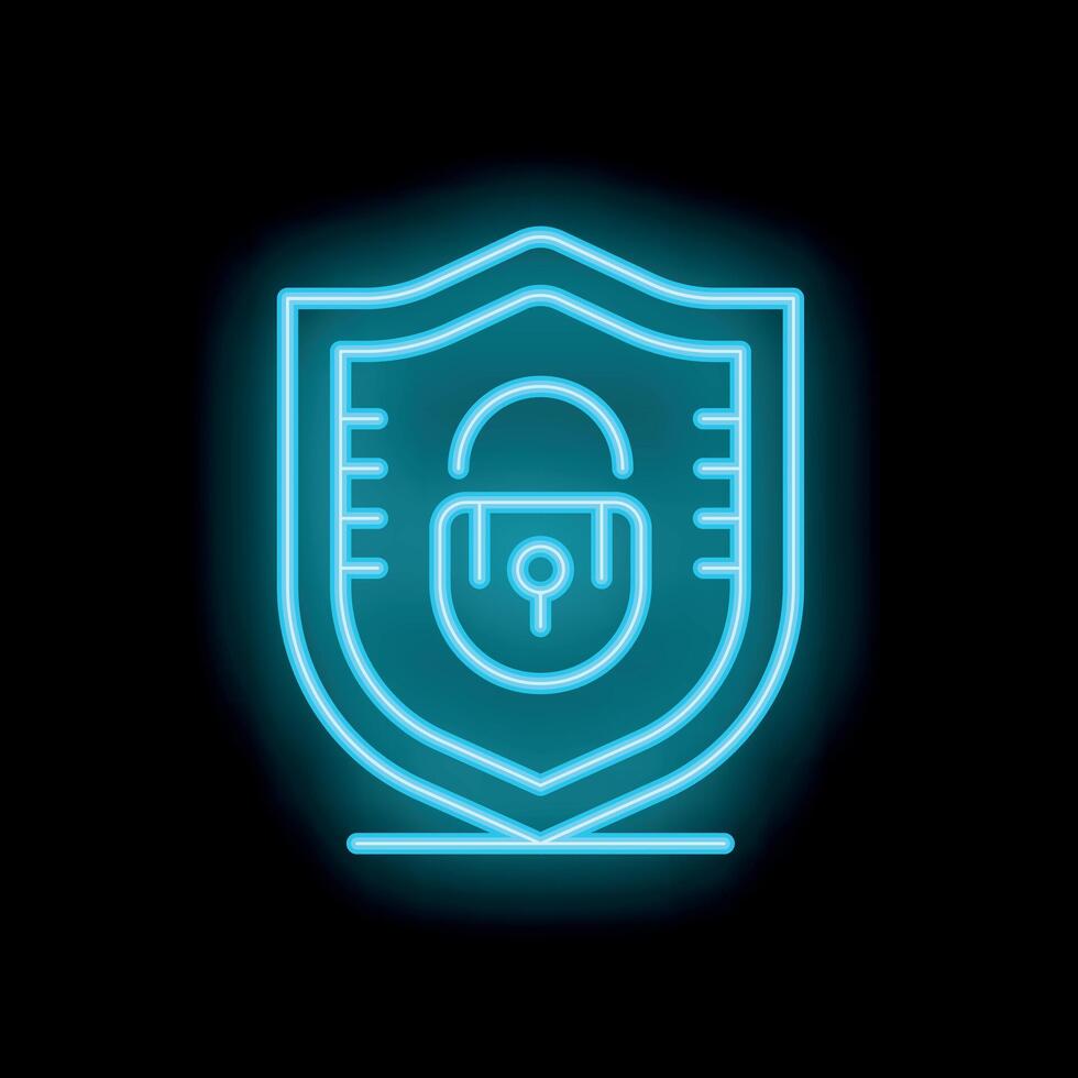 Neon blue shield protecting padlock icon representing online security vector