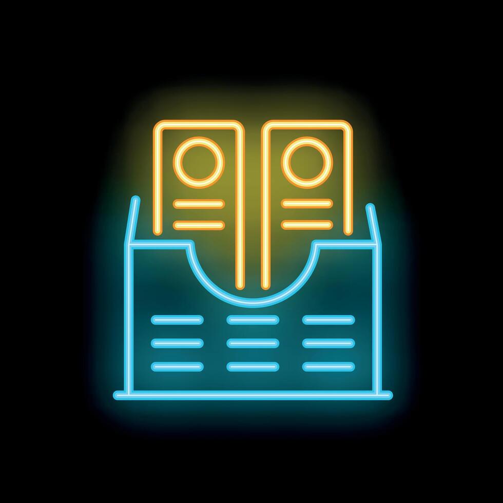 Neon icon of archive documents folder glowing in blue and yellow vector