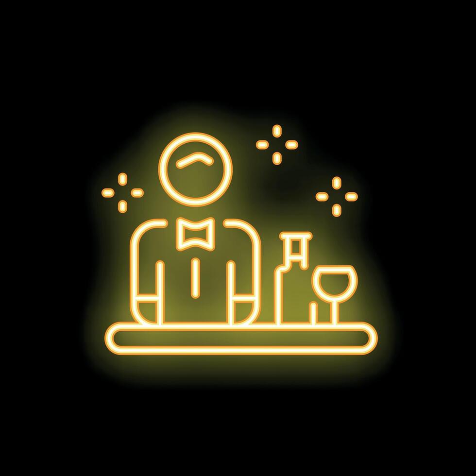 Bartender standing behind bar with wine bottle and wineglass neon sign icon vector