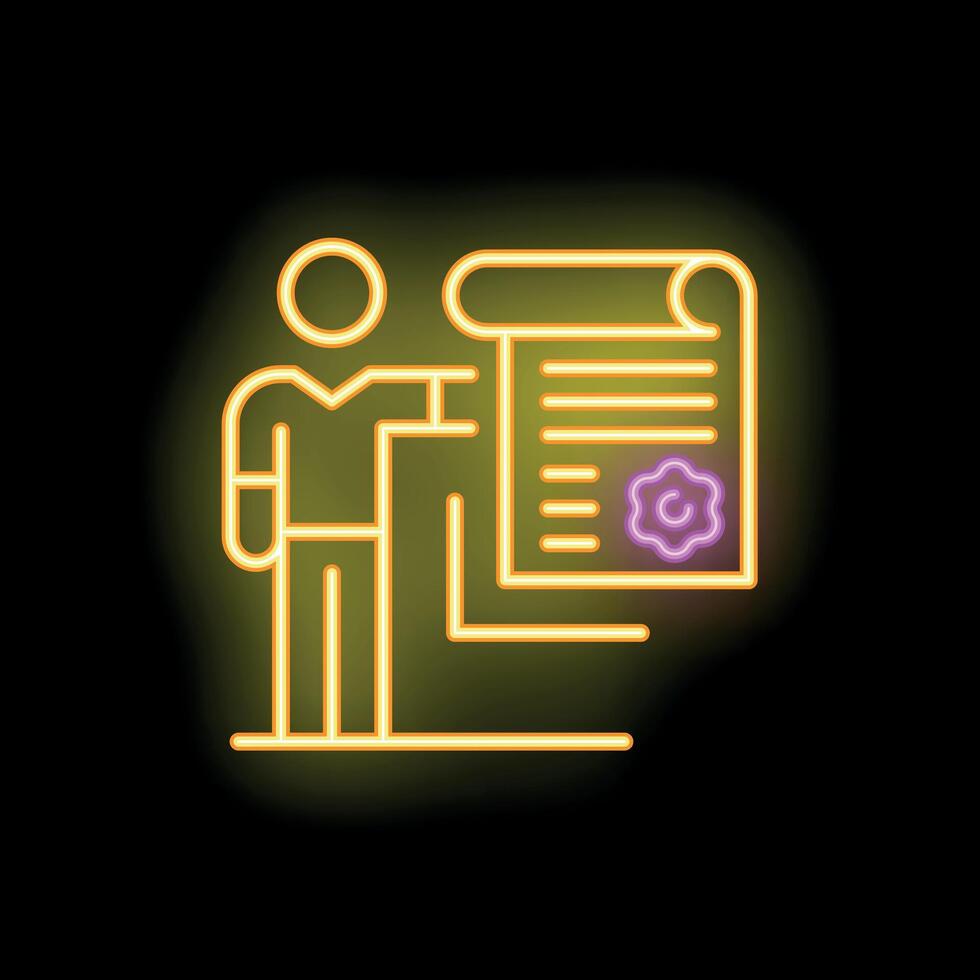 Businessman showing contract with copyright sign neon signboard style icon vector