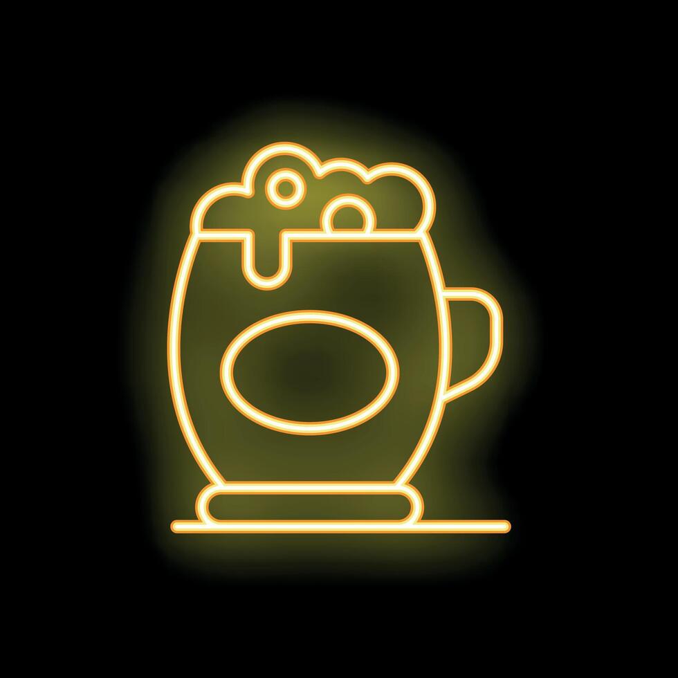 Yellow neon sign depicting a beer overflowing from its mug is illuminating a wall vector