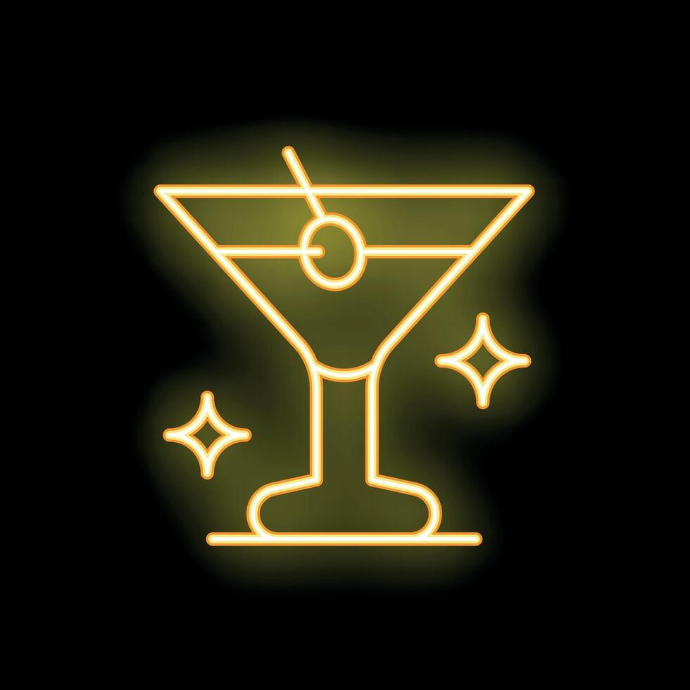 Neon sign of cocktail glass with olive shining on black background vector