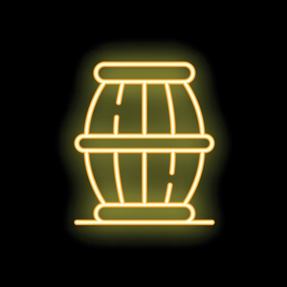 Neon yellow wooden barrel glowing on black background vector