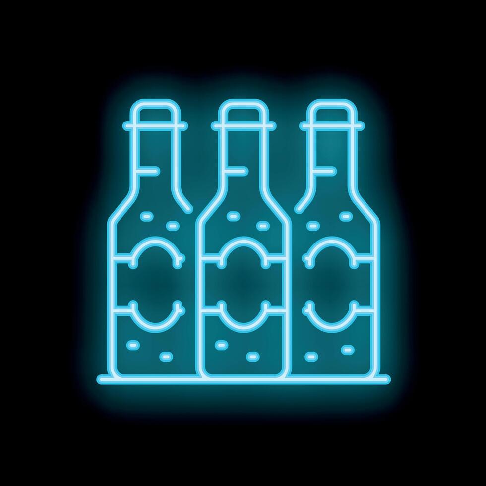 Neon sign showing three bottles standing in a row on black background vector