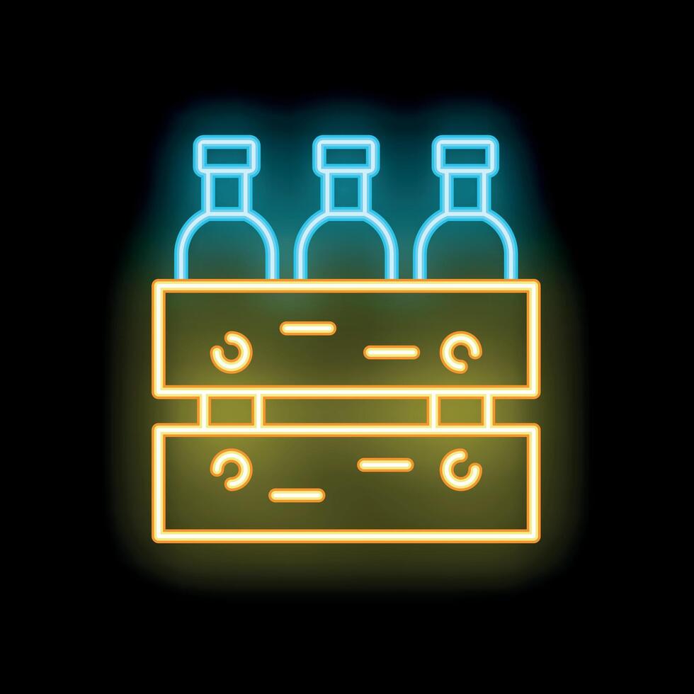 Neon sign of beer bottles in wooden crate glowing on black background vector
