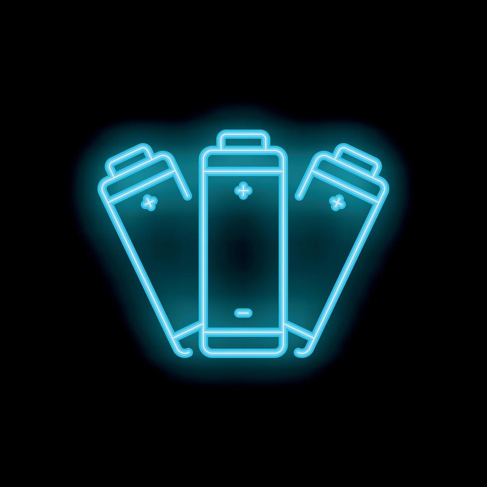 Blue neon sign of three batteries forming a triangle on a black background vector