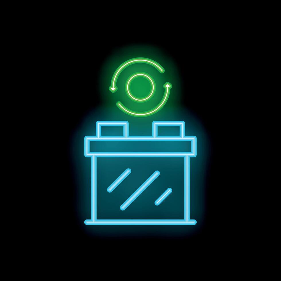 Neon green battery icon glowing on dark background vector