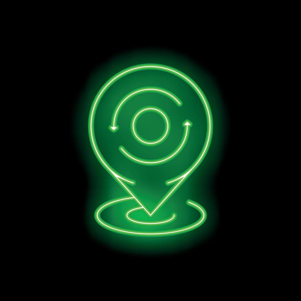 Neon green glowing location pin with rotating arrows icon vector
