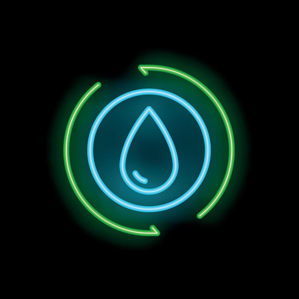 Neon icon of water drop surrounded by recycling arrows on black background vector