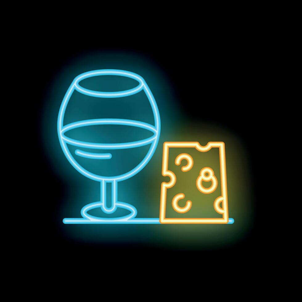 Neon sign showing glass of wine and cheese on black background vector