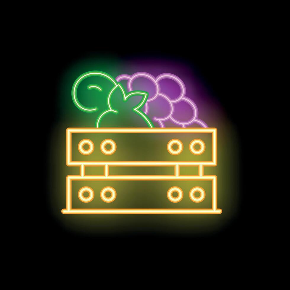 Glowing neon icon of grapes growing in wooden crate vector