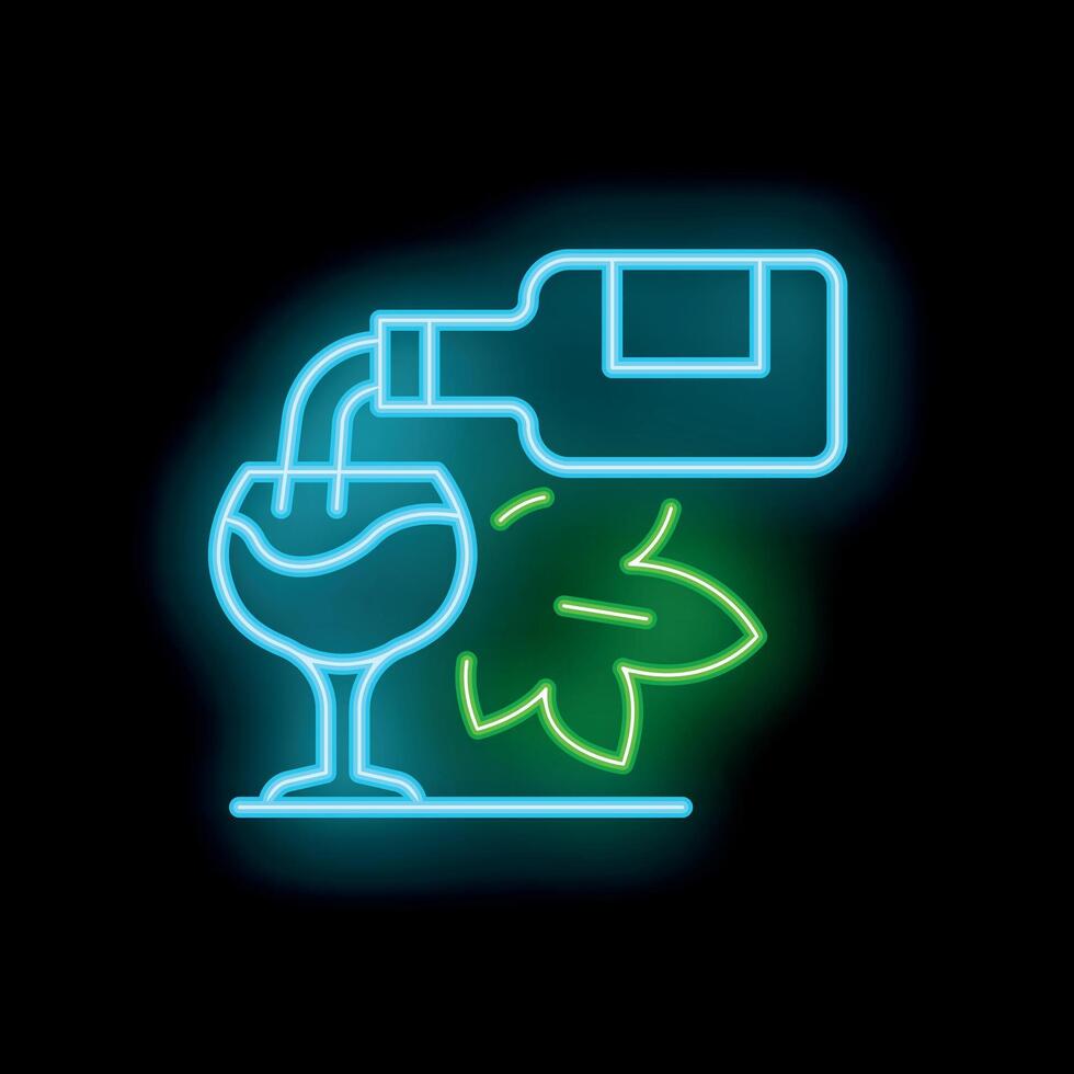 Neon sign showing wine bottle pouring wine into glass with cannabis leaf vector