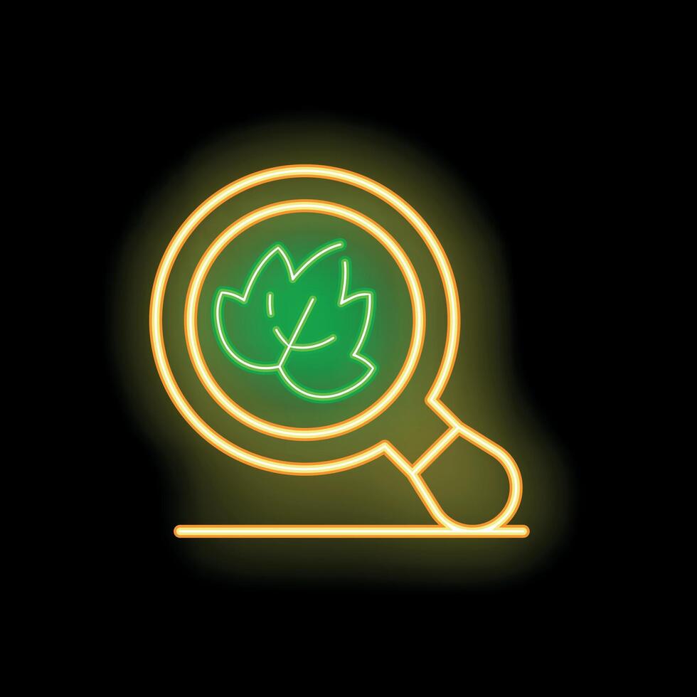 Neon icon of magnifying glass focusing on green leaves symbolizing nature exploration vector