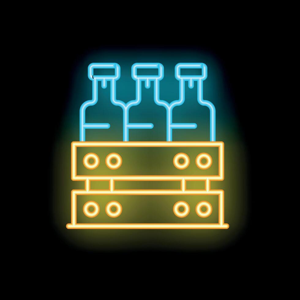 Neon sign of beer bottles in wooden crate on black background vector