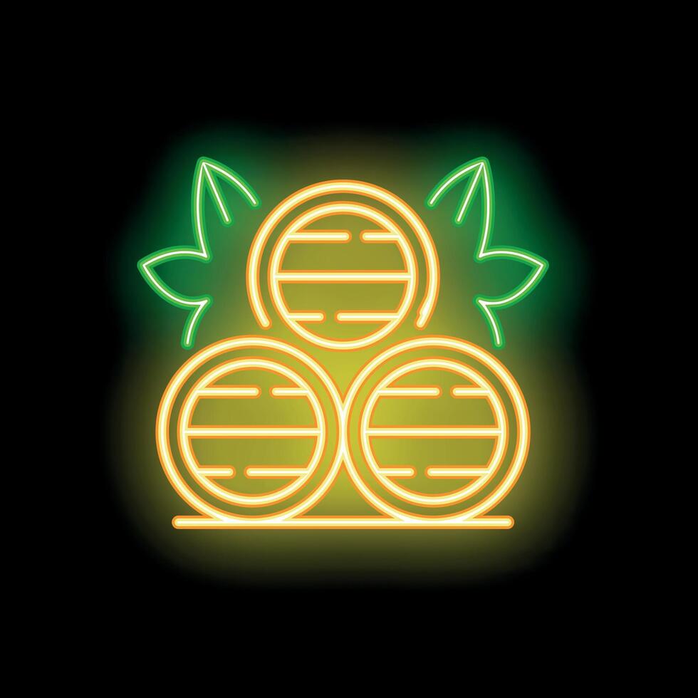 Glowing neon sign of three wooden barrels and hops for beer production vector
