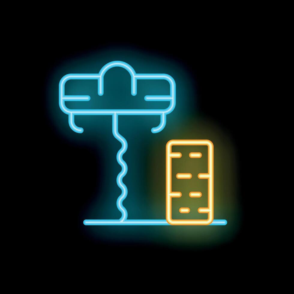 Bright blue neon corkscrew with a yellow neon wine cork on a black background vector